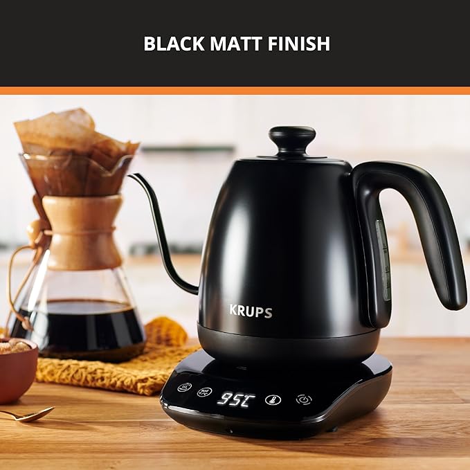 KRUPS Gooseneck Electric Kettle: 1L Stainless Steel, 1350W Fast Boiling, Boils 1 Cup in 80 Seconds, Temperature Control with 8 Presets, 60-Min Keep Warm, Precision Pour for Coffee and Tea - Bloomnest
