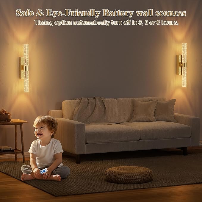 camuucci Battery Operated Gold Wall Sconces Set of 2 Rechargeable Battery Powered Wall Light with 12000mAh Not Hardwired Dimmable Wall Lamp Fixtures for Bedroom Living Room 15.3 Inches - Bloomnest