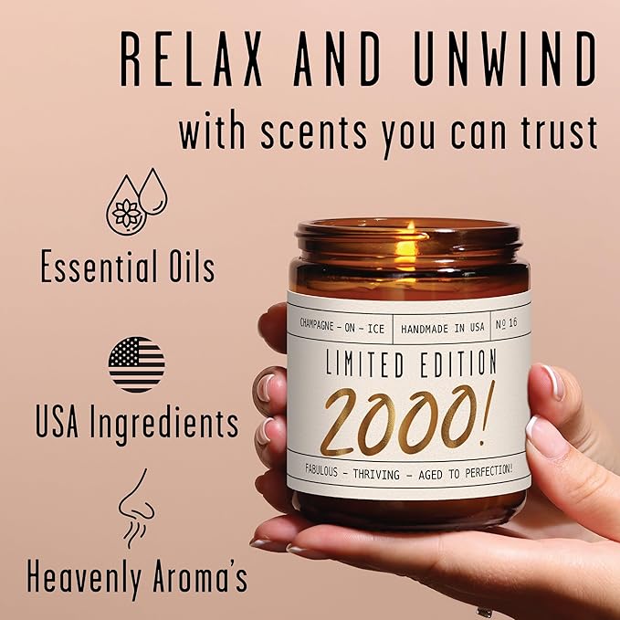 25th Birthday Gifts for Women - 'Limited Edition 2000' Soy Candle, w/Champagne on Ice I 25 Birthday Gifts for Women I 25th Gift for Her Ideas I 9oz Reusable Jar, 50Hr Burn, Made in USA - Bloomnest