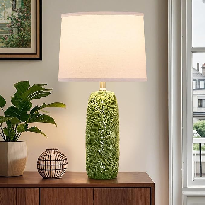 25” Green Lamps Set of 2 with Leaves Design for Living Room, Bedroom, Retro Ceramic Table Lamps for Nightstand Set of 2 - Bloomnest