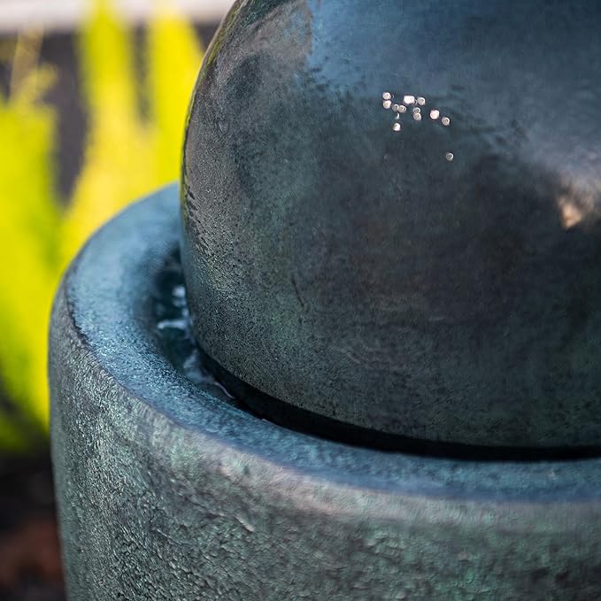 XBrand 25.98" H Round Stone Indoor/Outdoor Modern Stone Textured Sphere Water Fountain w/LED Lights, Dark Green - Bloomnest
