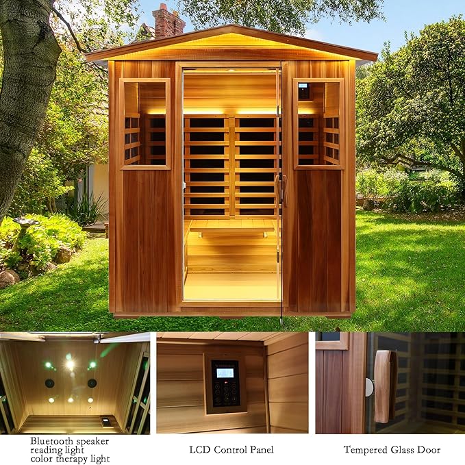 Red Cedar 4 Person Outdoor Ultra-Low EMF（0.5mg） Infrared Sauna, Multi-Person Home Sauna spa, 2160w,12 Heating Panels, LCD Control Panel, Bluetooth Speaker, Chromotherapy Lights, Reading lamp KUNSANA