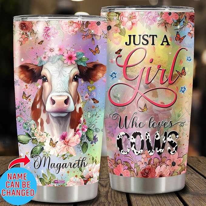 WAZONE Personalized Cow Tumbler Customized With Name Just A Girl Who Loves Cows Flower Cute Farm Animal Insulated Stainless Steel Travel Cup Mug 20oz 30oz Themed Gifts Birthday For Women - Bloomnest
