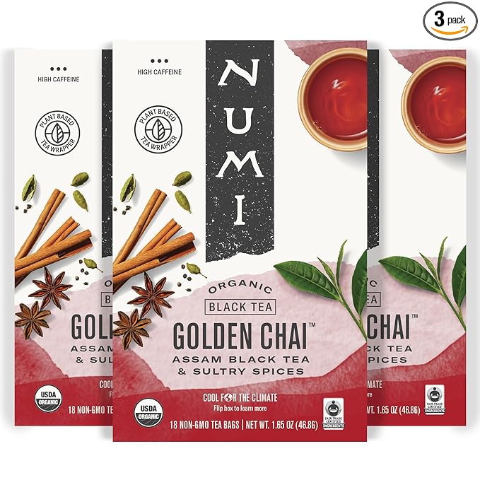 Numi Organic Golden Chai Tea, 18 Tea Bags (Pack of 3) Assam Black Tea, Cardamom, Ginger & Anise - Bloomnest