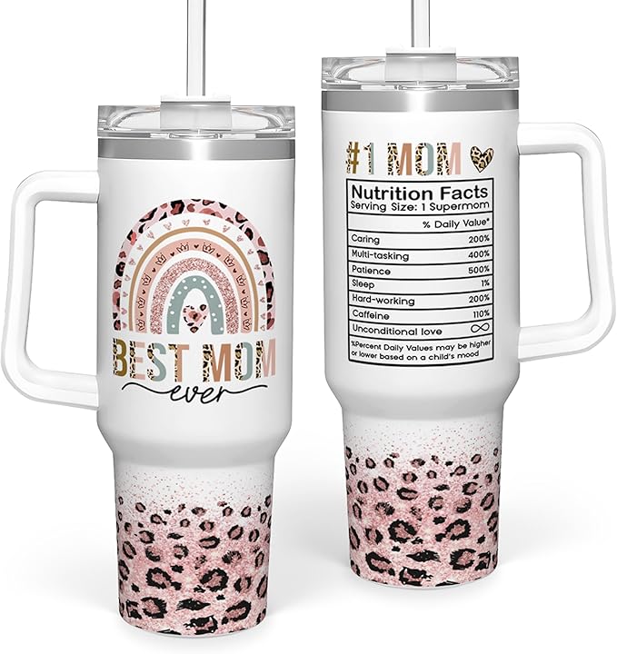 Mom Gifts for Women Mom Nutrition Facts Tumbler Stainless Steel 40oz with Handle Insulated Travel Cup Best Mom Ever Coffee Cup, Mother's Day Christmas Birthday Gifts from Son Daughter - Bloomnest