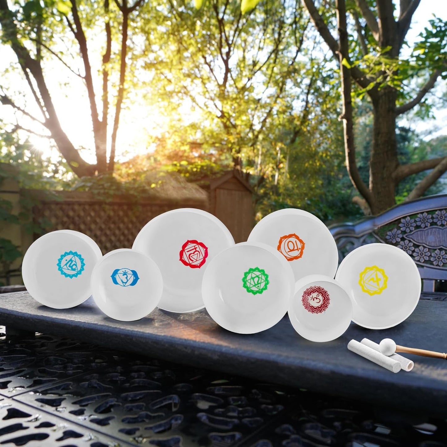 Ryan Dvan 432Hz 7-12 Inch 7 Chakra Design Crystal Singing Bowl Set Frosted Quartz Crystal Sound Therapy Kit with Mallets 2 Cases O-Ring for Yoga Meditation Energy Balancing Reiki Healing