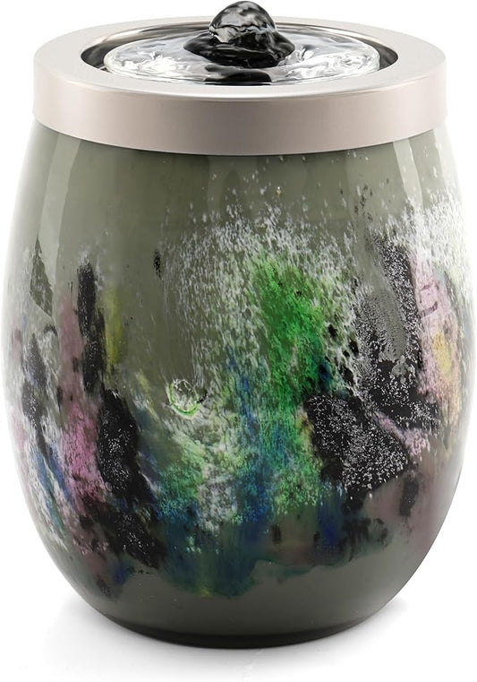 VOREEN Handblown Glass Tabletop Fountain - Art Glass Indoor Fountain with Cool White Ambient Glow - Optional Aromatherapy for Home, Spa, Office Décor - Grey - Bloomnest