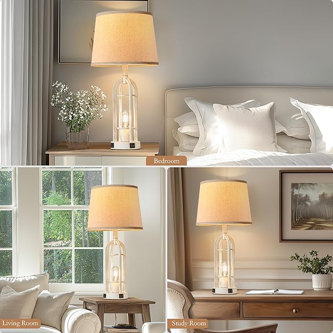 Farmhouse Table Lamps for Living Room Set of 2 - Rustic Industrial Bedside Lamps for Bedroom Nightstand with Nightlight and USB A+C, 4 Bulbs Included - Bloomnest