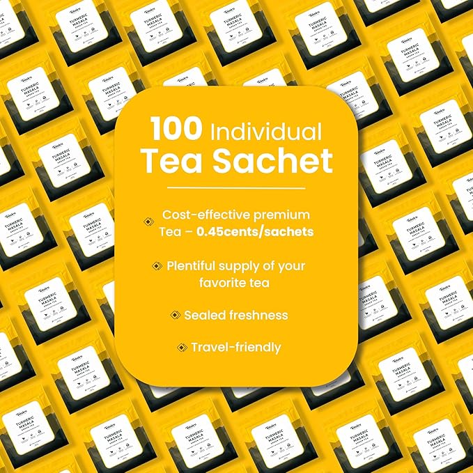 Teaniru, Turmeric Masala Green Tea - Box of 100 Pyramid Tea Bags, Individual Sachets | Detox Green Tea & Immunity Booster | 100% Natural Ingredients, Turmeric Tea with Ginger - Pure Leaf Tea - Bloomnest