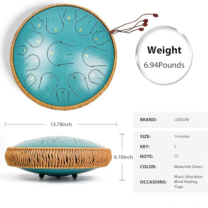 Steel Tongue Drum - 14 Inch 15 Note Tongue Drum - Hand Pan Drum with Music Book, Handpan Mallets and Carry Bag, C Major, Malachite Green - Bloomnest
