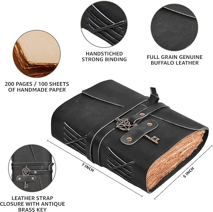 LEATHER VILLAGE Leather Bound Vintage Journal for Women & Men - 7"X5"(A7), Distressed Black, 200 Pages of Handmade Deckle Edges Watercolor Paper - Antique Lock Closure - Book of Shadow - Bloomnest
