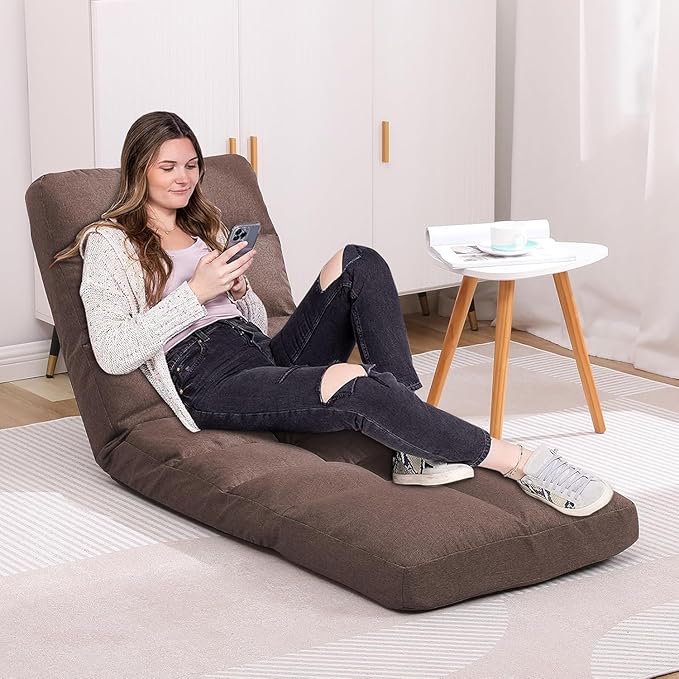 Floor Chair with Footrest Adjustable Backrest with 14 Positions Footrest 5-Position Adjustment Foldable Floor Gaming Chair for Easy Storage Linen Fabirc Chaise Lounge 086 (Brown)