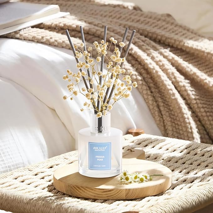 Airkeep Reed Diffuser Set,3.38 fl oz (100 ml) - Freesia Pear Oil Diffusers with 8 Reed Sticks, Home Fragrance Reed Diffuser for Bathroom Shelf Decor - Bloomnest