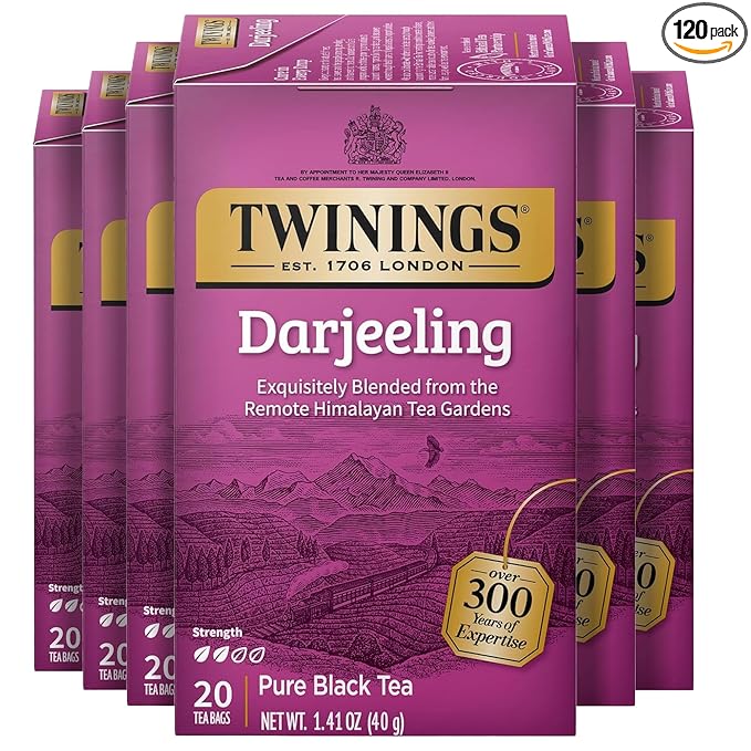 Twinings Darjeeling Black Tea Individually Wrapped Bags, 20 Count (Pack of 6), Delicate Light Taste, Caffeinated, Enjoy Hot or Iced, 120 Teabags - Bloomnest