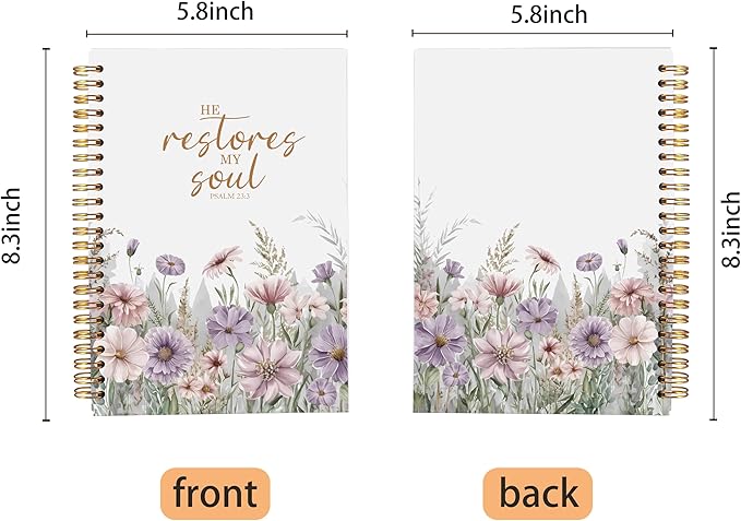 Christian Notebook for Women, Christian Art Gifts Journal, Prayer Journal for Women, Bible Journaling Notebook, PSALM 23:3 He Restores My Soul Floral Spiral Notebook 5.5x8.3 - Bloomnest