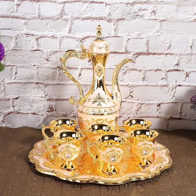 Vintage Turkish Coffee Pot Set, Turkish Tea Set with 6 Coffee Cups, Golden Wine Decanter and Glasses Set, Turkish Copper Coffee Cup Set for Home Tea Party(Pink) Tea - Bloomnest