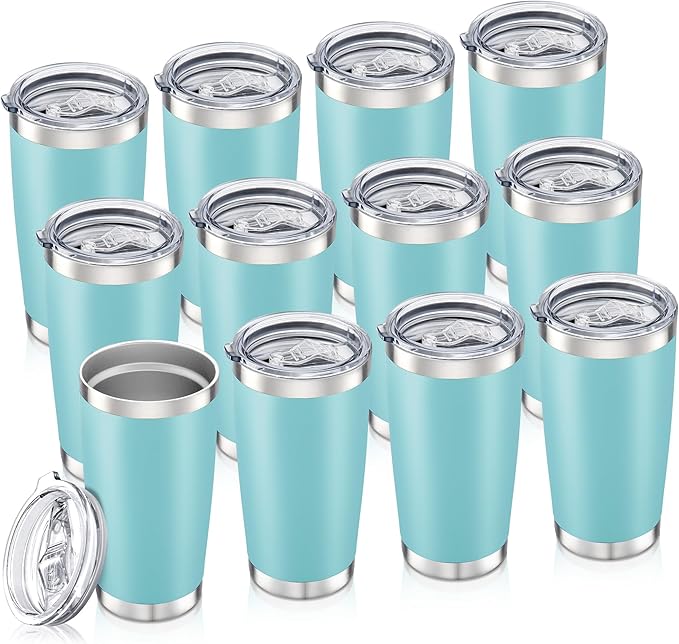 20 oz Tumbler Bulk with Lid Stainless Steel Insulated Tumblers Double Wall Vacuum Coffee Mug Powder Coated Tumbler Cups for Cold and Hot Drinks, Sky Blue, 12 pack