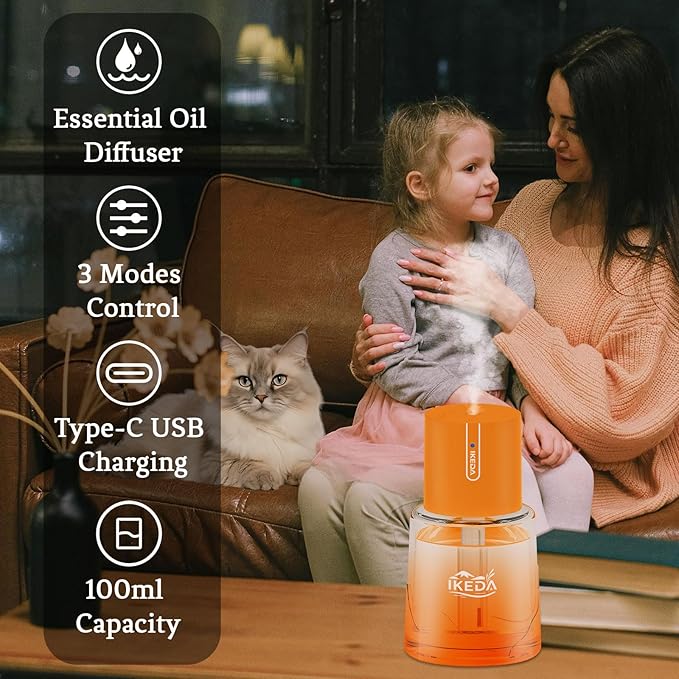 Ikeda Car Diffusers for Essential Oils,100ml Glass Car Essential Oil Diffuser,Smart Car Humidifier Diffuser, 3 Timers & 300 mAH Battery Operated Car Aroma Diffuser for Travel, Auto Shut-Off,Orange - Bloomnest