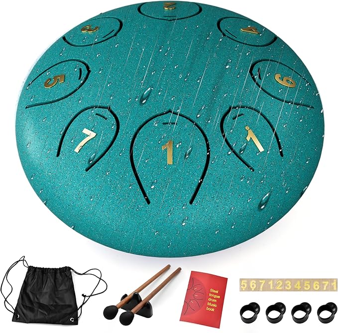 Steel Tongue Drum 6 Inch 8 Notes, Rain Drums for Outside C major, Hang Instrument, Handpan for Kids, Ethereal Hand Pan for Meditation Yoga Musical Education, Malachite Green - Bloomnest