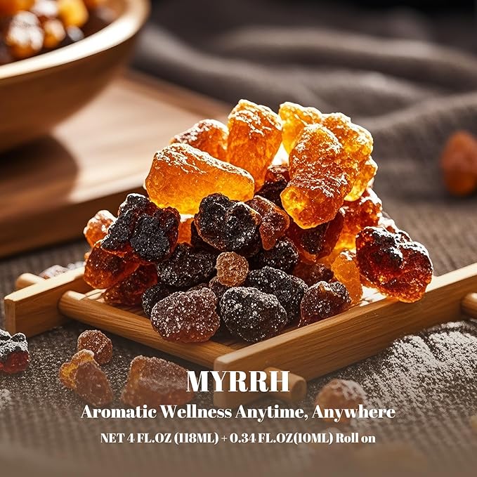 Myrrh Essential Oil (4 fl.oz Bottle + 0.34 fl.oz Roll-On) — Myrrh Oils for Aromatherapy, Diffusers, Humidifiers, Home fragrances, DIY Skincare, Candle, Soap Making, Relaxation, Yoga Ethlauff
