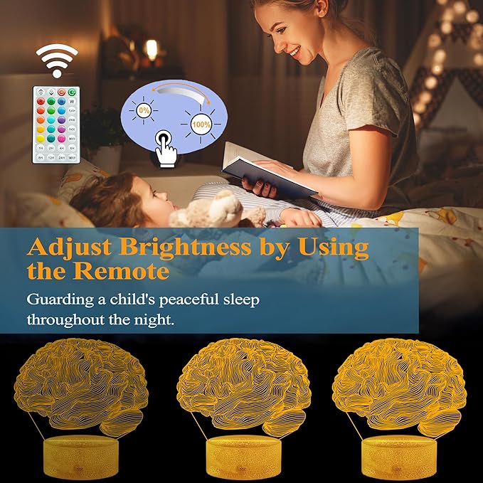 Neurology Gifts, 3D Brain Illusion Lamp, Night Light with16 Colors Changing, Remote Control, Timer, Dimmable, Kids Room Decoration, Xmas Brain Model Gifts - Bloomnest
