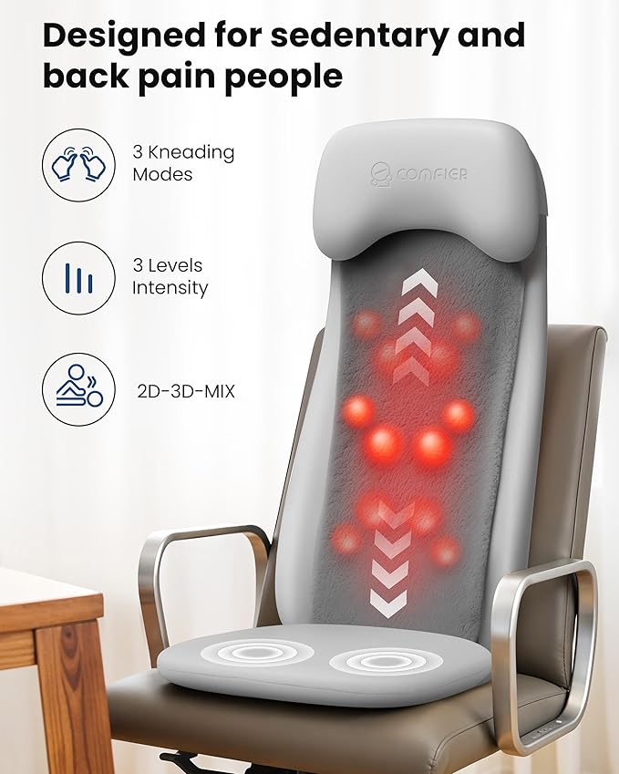 COMFIER Shiatsu Back Massager with Heat, Deep Tissue Kneading Chair Massager with Vibration, 2D/3D Shiatu Massage Seat Cushion, Full Back Massage Chair Pad, Gifts for Men Women - Bloomnest