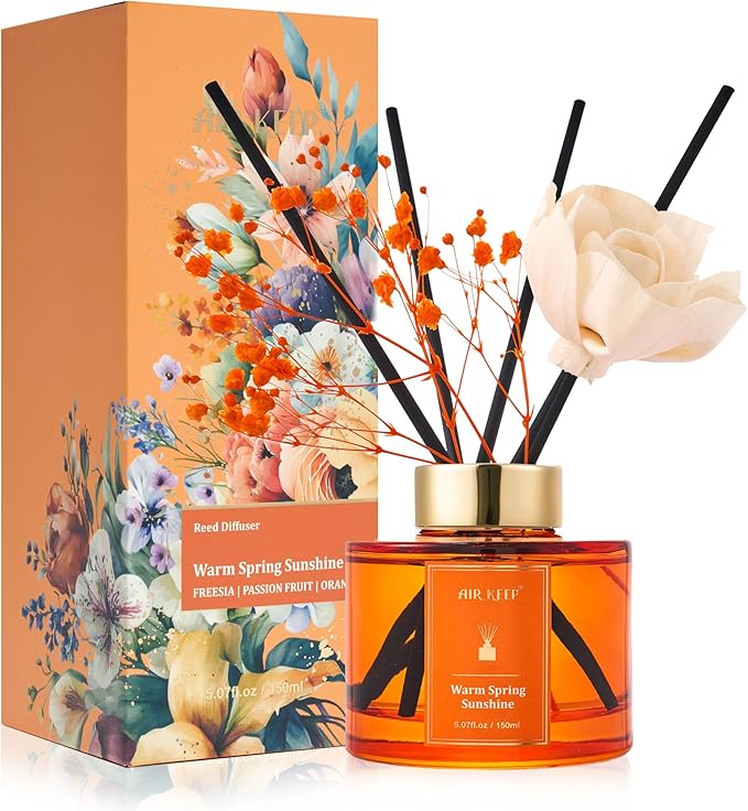 Airkeep Flower Reed Diffusers Set, 5.07 oz Freesia/Passion Fruit/Orange Scented Oil Diffuser with 8 Reed Sticks, Home Fragrance Diffuser Gift Set for Bathroom & Office Decor 150ml - Bloomnest