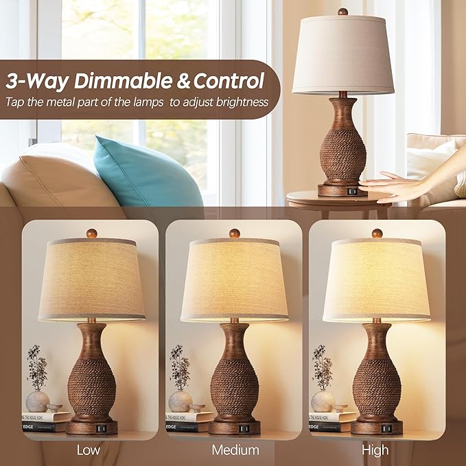 PARTPHONER Table Lamps Set of 2, Bedside Touch Lamp with USB C+A Charging Ports, Side Table Lamp with Linen Fabric Shade (LED Bulbs Included), Wood - Bloomnest