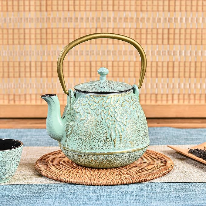 Sungmor Cast Iron Japanese Tetsubin Tea Kettle with Infuser - Stovetop Safe, Enameled Interior - 32 Ounce Light Green Teapot with Salix Leaf Pattern - Bloomnest