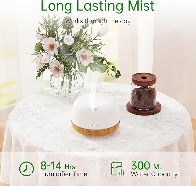 ASAKUKI Essential Oil Diffuser, 300ml Ultrasonic Aromatherapy Oil Humidifier with 7 Colors LED Lights, 2 Mist Mode for Home (Wood Grain) - Bloomnest
