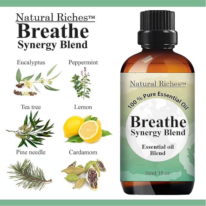 Natural Riches Breathe Essential Oil Blend Breathe Easy with Peppermint Eucalyptus Tea Tree Lemon Cardamom Pine Needle Essential Oils - 30 ml - Bloomnest