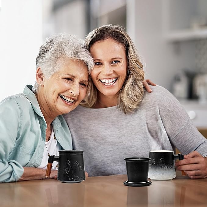 suyika Ceramic Tea Cup with Infuser and Lid, Gradient Embossed Large Tea Mug Wooden Handle for Steeping Loose Leaf, Tea Lover Gifts 15.2 oz / 450 ml,Matte Black