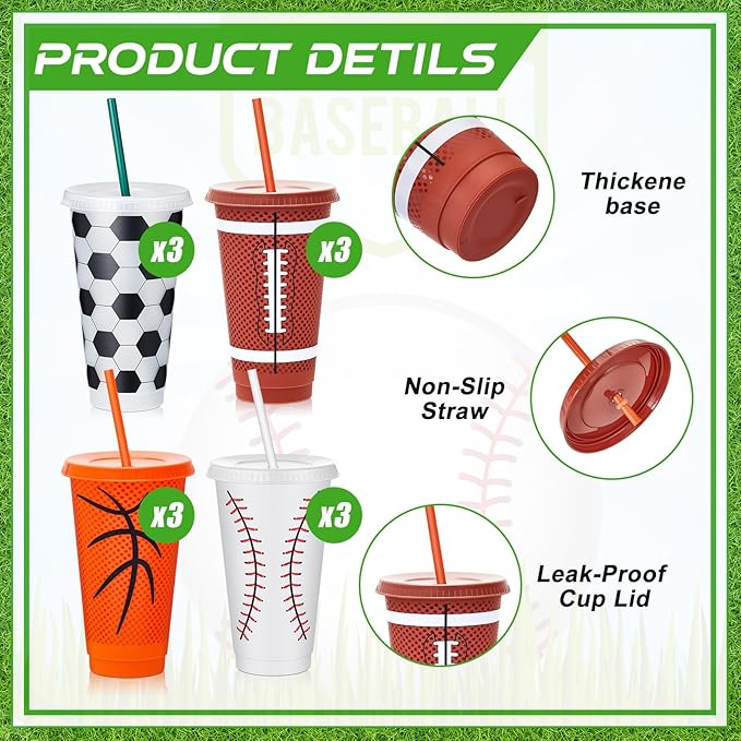 12 Pcs Sports Themed Party Decorations Cups 24 oz Plastic Tumbler with Lid and Straw Reusable Cups Gifts Sports Birthday Decorations for Coach Boyfriend Party Favors - Bloomnest