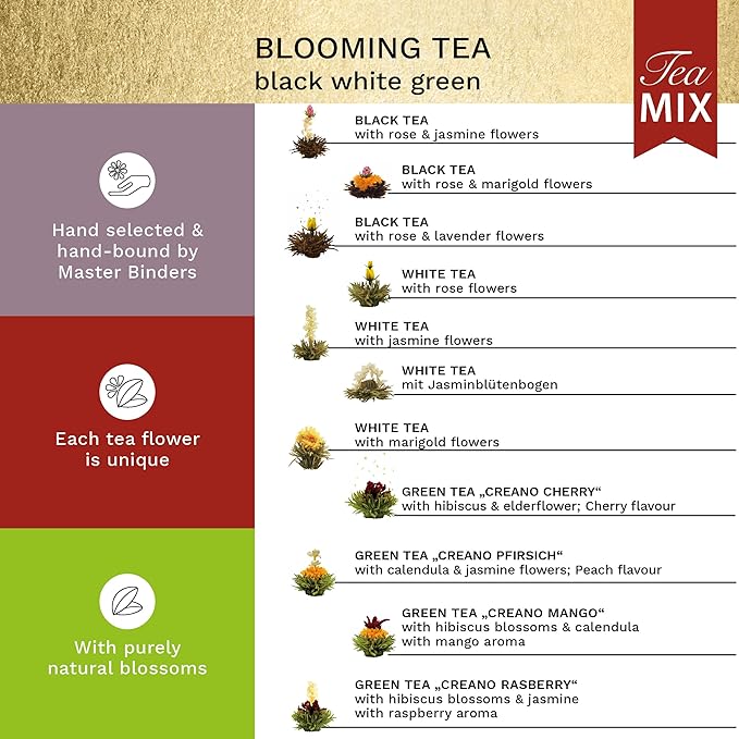 Creano Abloom Tea - Blooming Gift Set in Wooden Box - 12pcs Green, White & Black Tea - Bloomnest