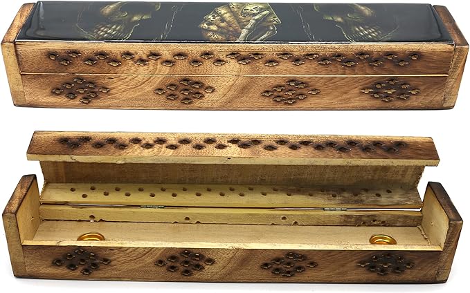 SOUL STICKS Handmade Carved Incense Burner Wooden Coffin Box with Storage Includes Go Away Evil Incense Sticks (Skull of Luck) - Bloomnest