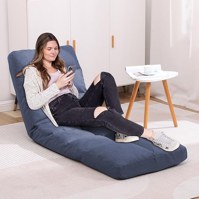 Floor Chair with Footrest Adjustable Backrest with 14 Positions Footrest 5-Position Adjustment Foldable Floor Gaming Chair for Easy Storage Linen Fabirc Chaise Lounge 086 (Blue)