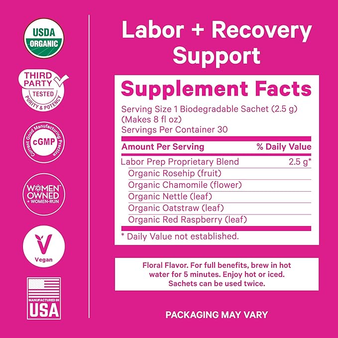 Pink Stork Organic Labor Prep Tea - Red Raspberry Leaf with Chamomile and Rosehip, Pregnancy Must Haves, Postpartum Essentials, Third Trimester - 15 Sachets - Bloomnest