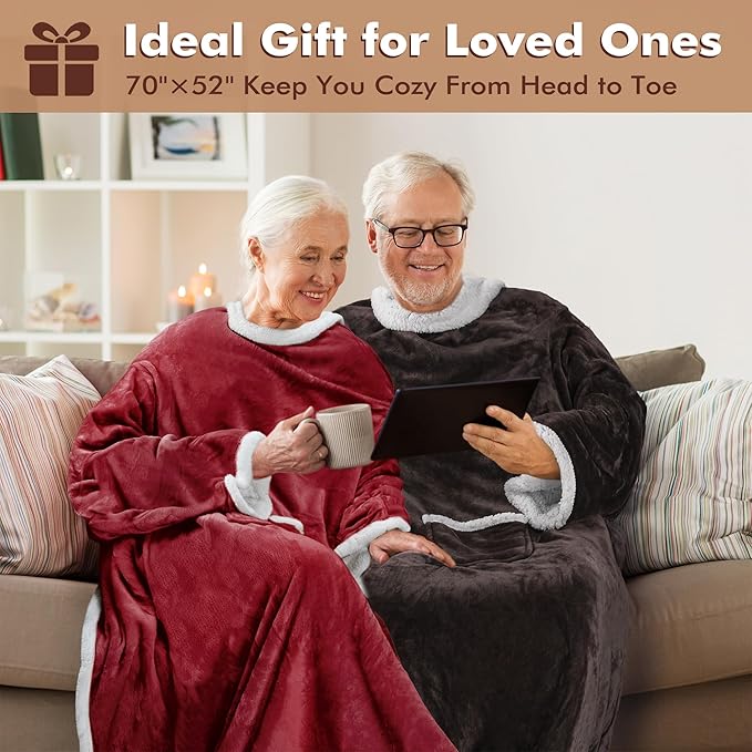 Tirrinia Sherpa Wearable Blanket With Sleeves, Full Body Throw Reading Wrap TV Blankets - Bloomnest