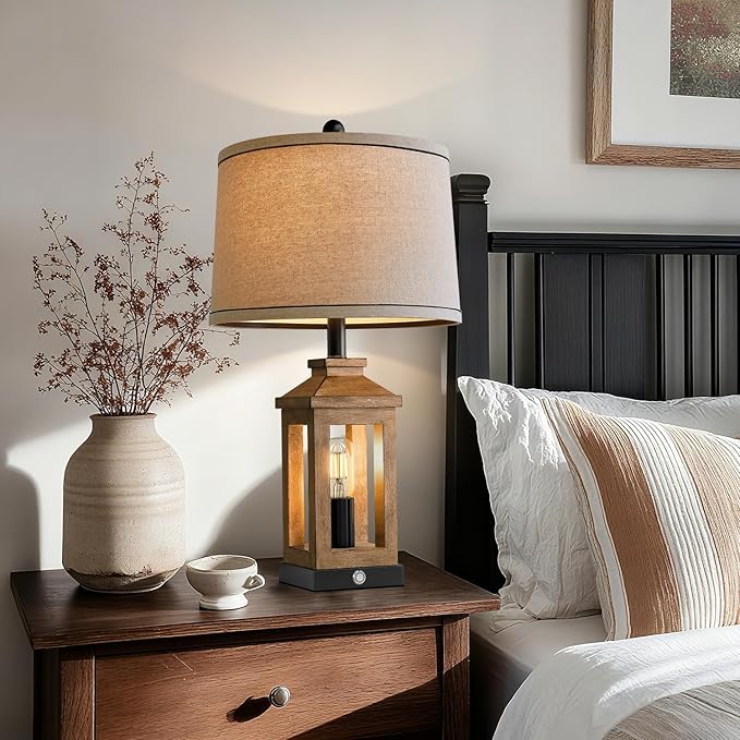BOBOMOMO 23.75" Natural Wood Farmhouse Table Lamps Set of 2 – Retro Nightstand Lamps with 3 Way Dimmable Touch Control Night Light & USB A+C Ports, Rustic Lamps for Living Room, Bedroom, Entryway