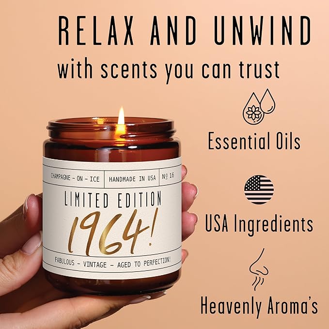 61st Birthday Gifts for Women - 'Limited Edition 1964' Soy Candle, w/Champagne on Ice I 61 Birthday Gifts for Women I 61st Gift for Her Ideas I 9oz Reusable Jar, 50Hr Burn, Made in USA - Bloomnest