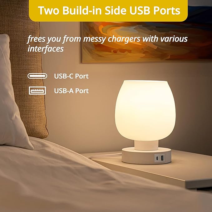 Touch Bedside Lamp, Mini Stepless Dimmable Table Lamps for Bedroom for Night Stands, Small Desk Lamp with Brightness Memory, USB Charging Ports, Warm LED Bulb, White, Round Shape, 1 Set - Bloomnest