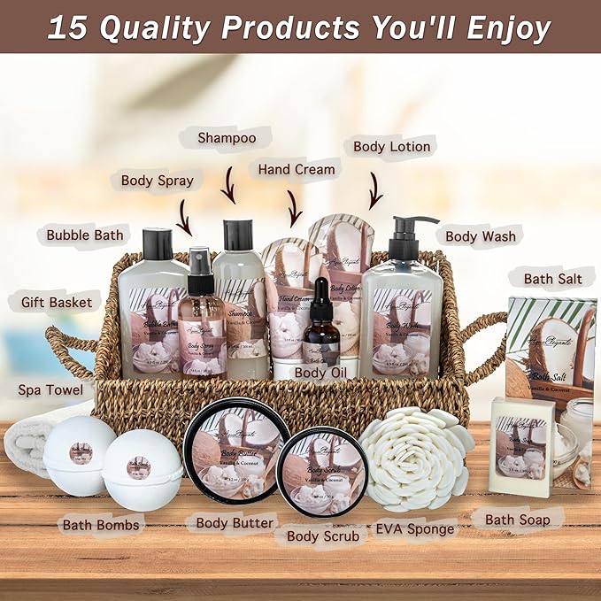 Bath Spa Gift Sets - Luxury Basket With Coconut & Vanilla - Spa Kit Includes Wash, Bubble Bath, Lotion, Bath Salts, Body Scrub, Shower Puff, Bathbombs, Soap and Towel - Bloomnest