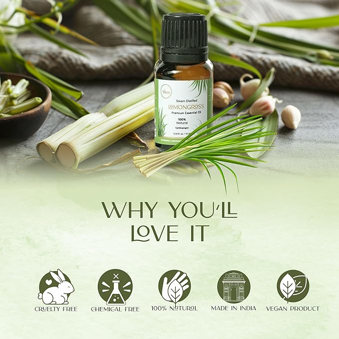 Lemongrass Essential Oil 0.33 fl oz – 100% Pure & Natural Cymbopogon Flexuosus – Undiluted Steam Distilled Oil for Diffuser, Aromatherapy, Skin, Hair, Massage & DIY Candle Making MyAce