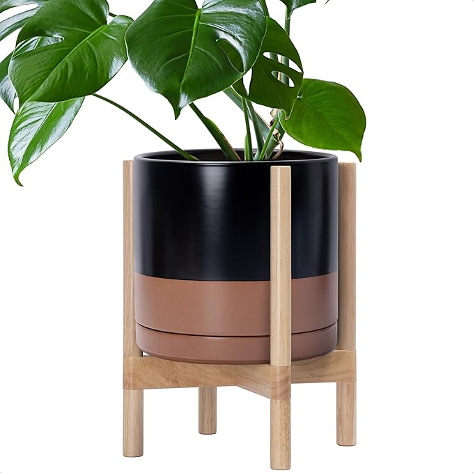 D'vine Dev Ceramic Planter with Natural Stand - 12 Inch Modern Round Flower Pot with Wood Planter Holder, Black/Speckled Tan, 55-B-J-7 - Bloomnest