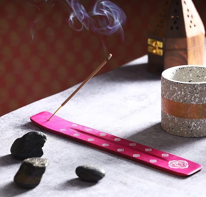 Bless-International Traditional-Handmade-Burner Wooden-Incense-Stick-Holder Ash-Catcher-Stand for-Aromatherapy-Meditation-Yoga (Heart Pink) 10 Inches, Pack of 2 - Bloomnest