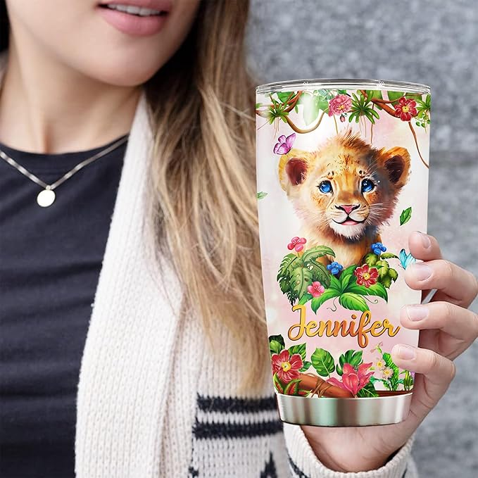 WAZONE Personalized Lion Tumbler Customized Name Just A Girl Who Loves Lions Flowers Cute Animal Print Travel Mug 20 30 oz Vacuum Insulated Stainless Steel Coffee Cup With Lid Gift For Women - Bloomnest