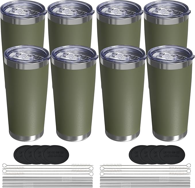 Travel Coffee Tumbler 20oz, 8 Pack Leakproof Travel Coffee Mug with Lid and Straw, Stainless Steel Double Wall Vacuum Insulated Tumbler for Hot/Iced Drinks (Textured Matte, Army Green) - Bloomnest