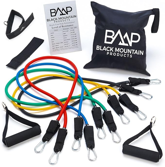 Black Mountain Products Resistance Band Set with Door Anchor, Ankle Strap, Exercise Chart, and Carrying Case, 48" - Bloomnest