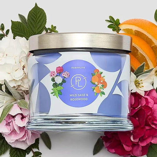 PartyLite Wild Sage & Rosewood Scented, Notes of Sage Leaf, Rosewood, Geranium Petals and Lemongrass, 13.2oz 3-Wick Jar Candle, 45 Hour Burn Time, Luxurious Fragrance, Ideal for Gifting - Bloomnest