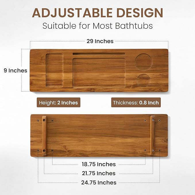 Teak Bathtub Tray - Wood Bath Caddy Tray 29" for Small Tubs - Adjustable Bathtub Table Trays - Luxury Shower Organizer for Home Spa Relaxation and Reading - Light Walnut Color - Bloomnest